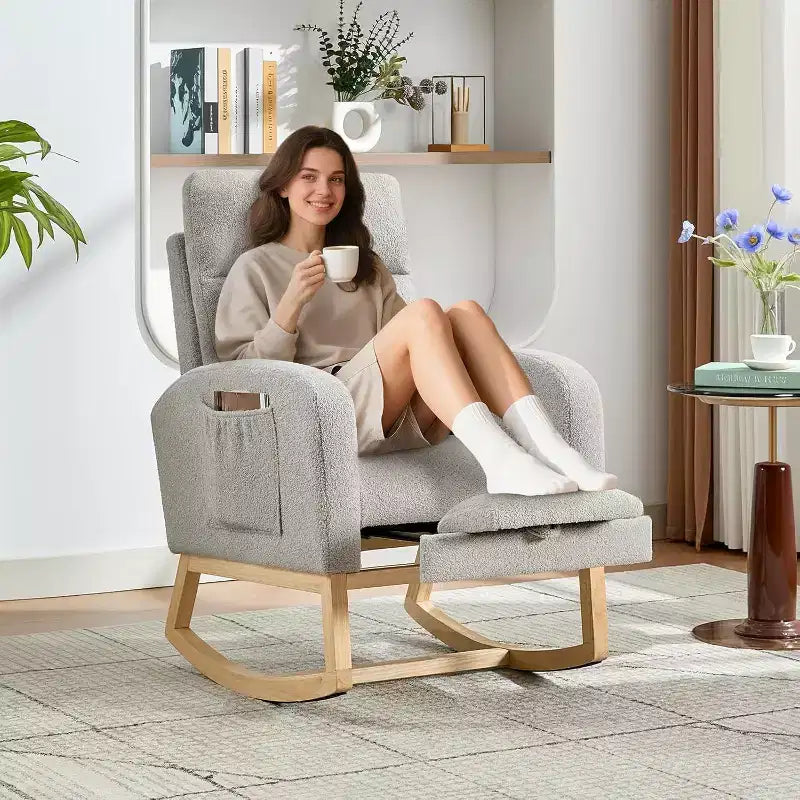 Rocking Chair with Footrest – Upholstered Glider Armchair with High Backrest & Side Pockets