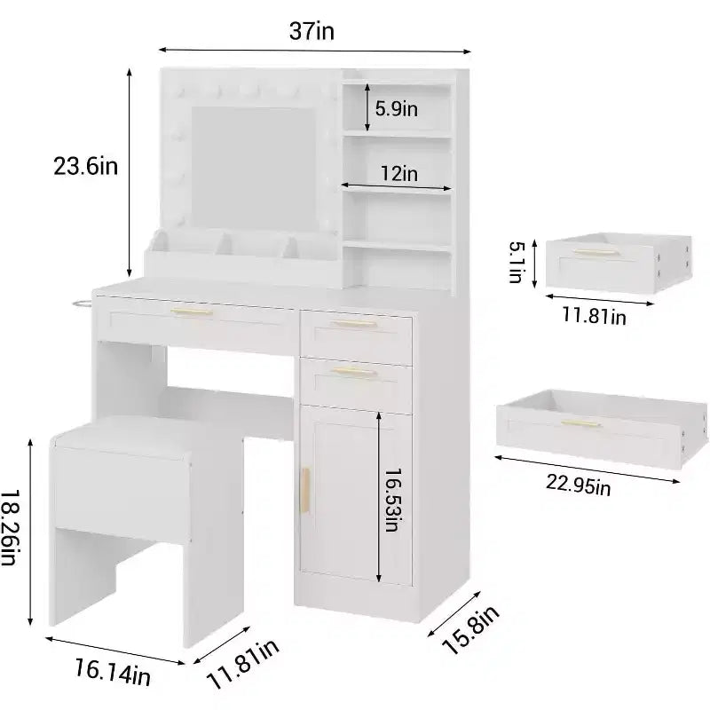 White Vanity Desk with LED Lighted Mirror, Power Outlet, 3 Drawers, USB Ports & Stool – Bedroom or Dorm