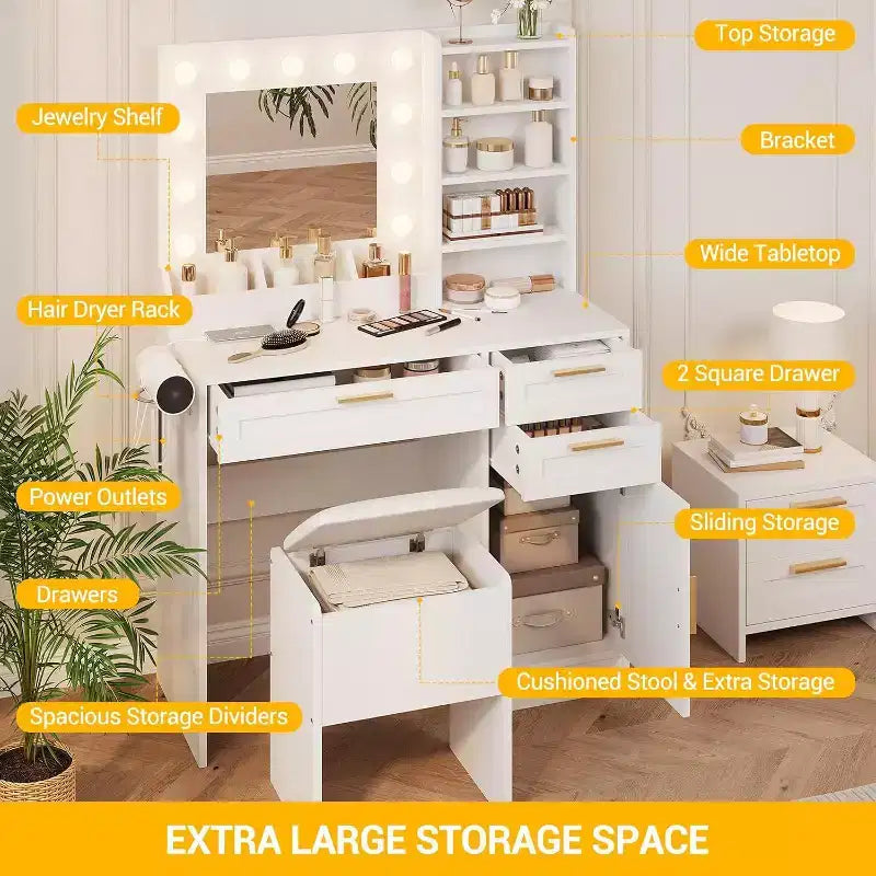 White Vanity Desk with LED Lighted Mirror, Power Outlet, 3 Drawers, USB Ports & Stool – Bedroom or Dorm