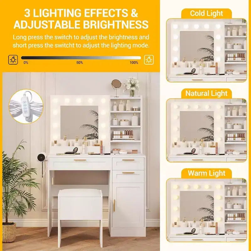Weißer Schminktisch mit LED-beleuchtetem Spiegel, Steckdose, 3 Schubladen, USB-Anschlüssen & Hocker – Für Schlafzimmer oder Studentenwohnheim  