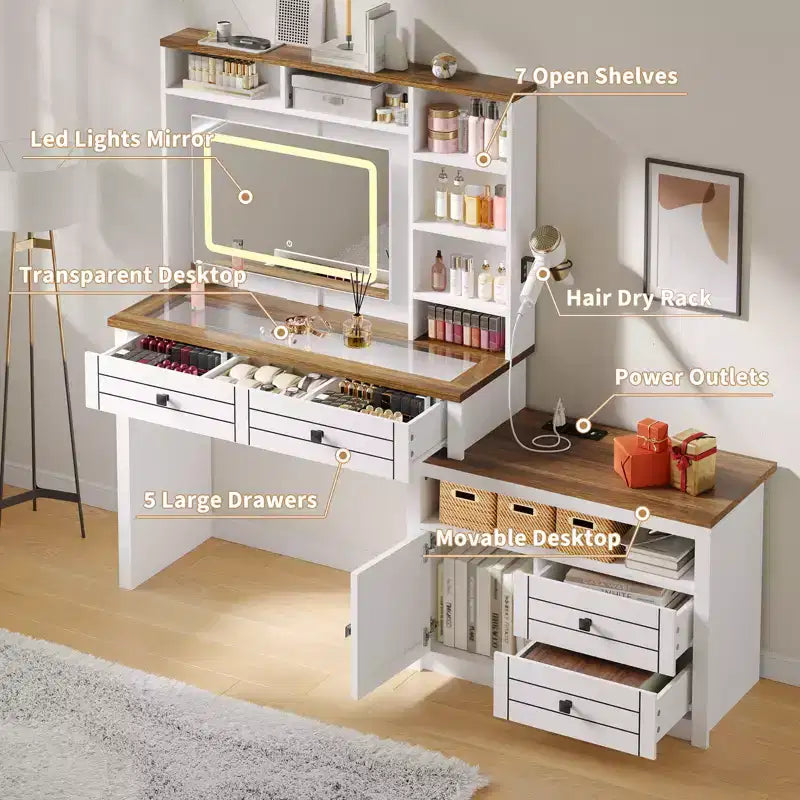 Vanity Desk with Glass Top, 5 Drawers, 6 Open Storage Shelves, Desktop Glass Top Viewing Window, Extendable Dressing Table for Bedroom