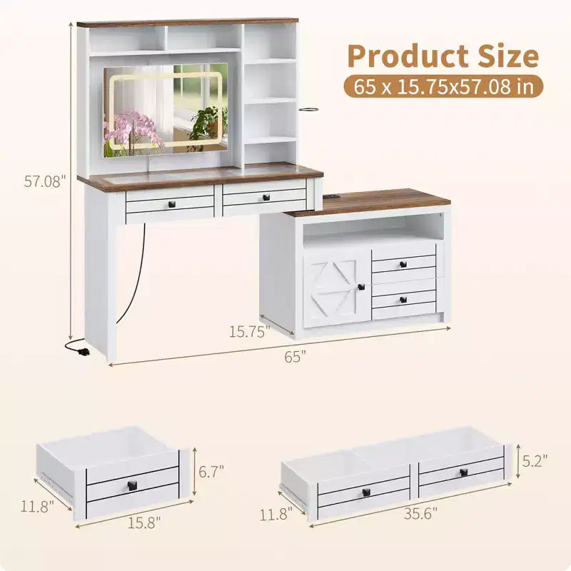 Vanity Desk with Glass Top, 5 Drawers, 6 Open Storage Shelves, Desktop Glass Top Viewing Window, Extendable Dressing Table for Bedroom