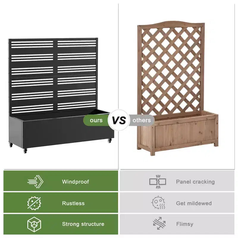 3-Piece Planter Box with Louvered Iron Trellis – Black Outdoor Garden Set, 47x47x16in