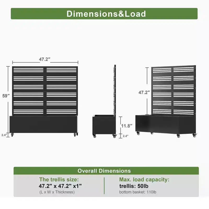 3-Piece Planter Box with Louvered Iron Trellis – Black Outdoor Garden Set, 47x47x16in
