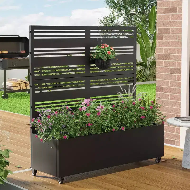 3-Piece Planter Box with Louvered Iron Trellis – Black Outdoor Garden Set, 47x47x16in