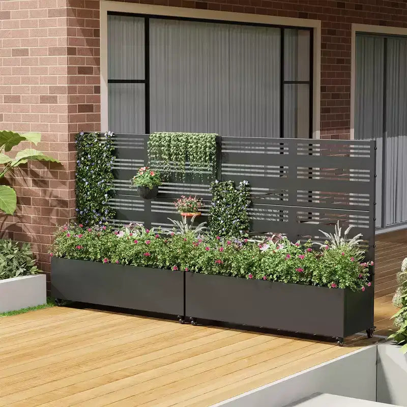 3-Piece Planter Box with Louvered Iron Trellis – Black Outdoor Garden Set, 47x47x16in