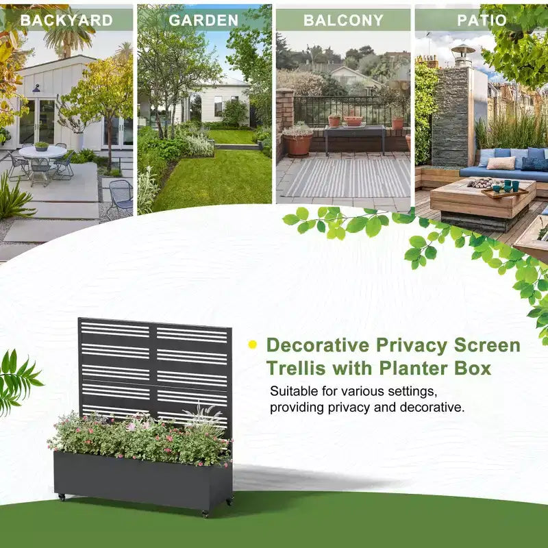 3-Piece Planter Box with Louvered Iron Trellis – Black Outdoor Garden Set, 47x47x16in