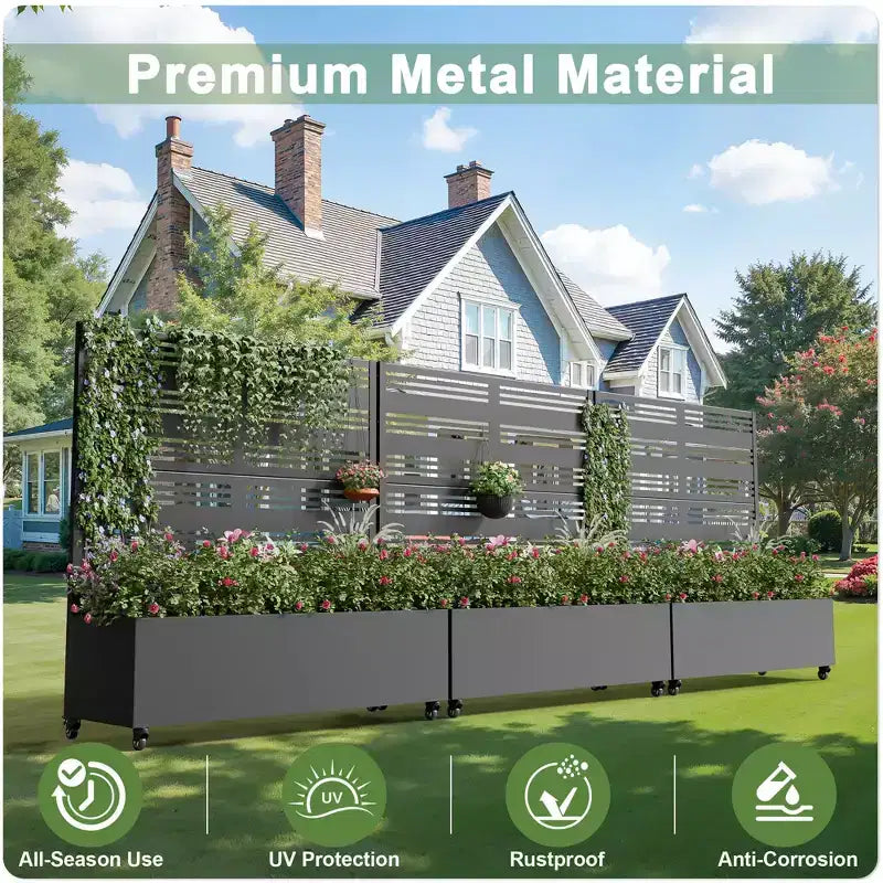 3-Piece Planter Box with Louvered Iron Trellis – Black Outdoor Garden Set, 47x47x16in