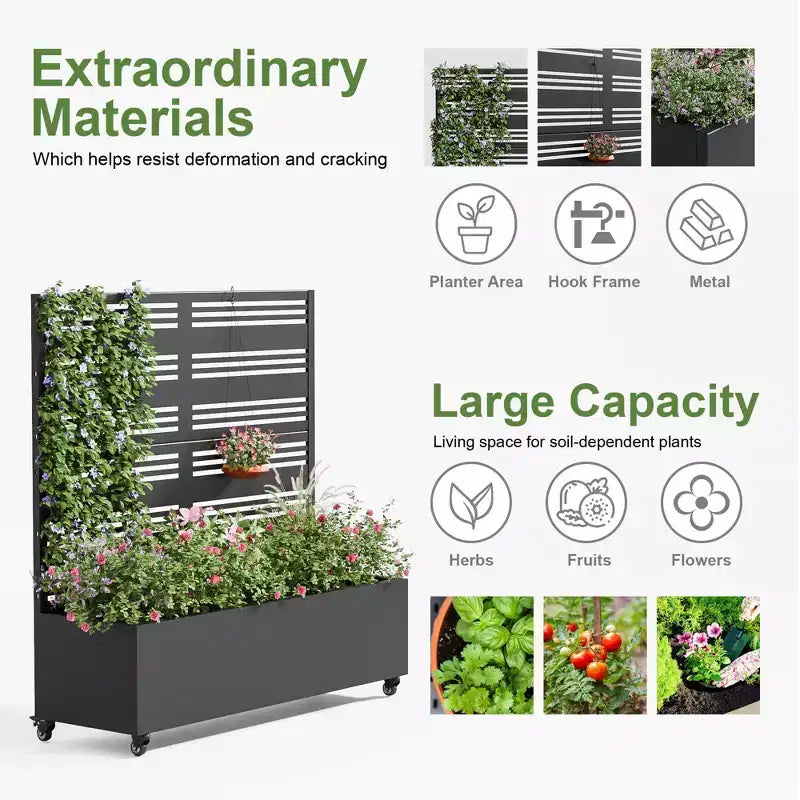 3-Piece Planter Box with Louvered Iron Trellis – Black Outdoor Garden Set, 47x47x16in