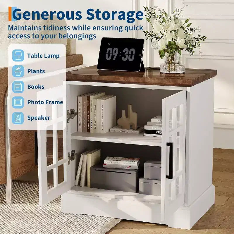 Farmhouse Nightstand with Charging Station, Tempered Glass Doors & USB Ports – 24" Wood End Table