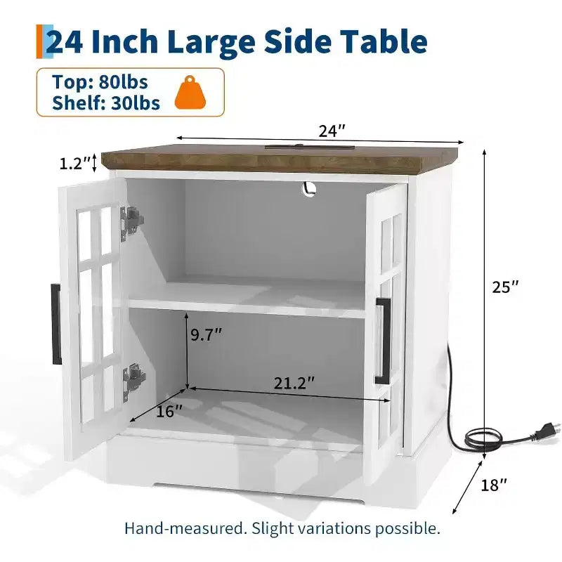 Farmhouse Nightstand with Charging Station, Tempered Glass Doors & USB Ports – 24" Wood End Table