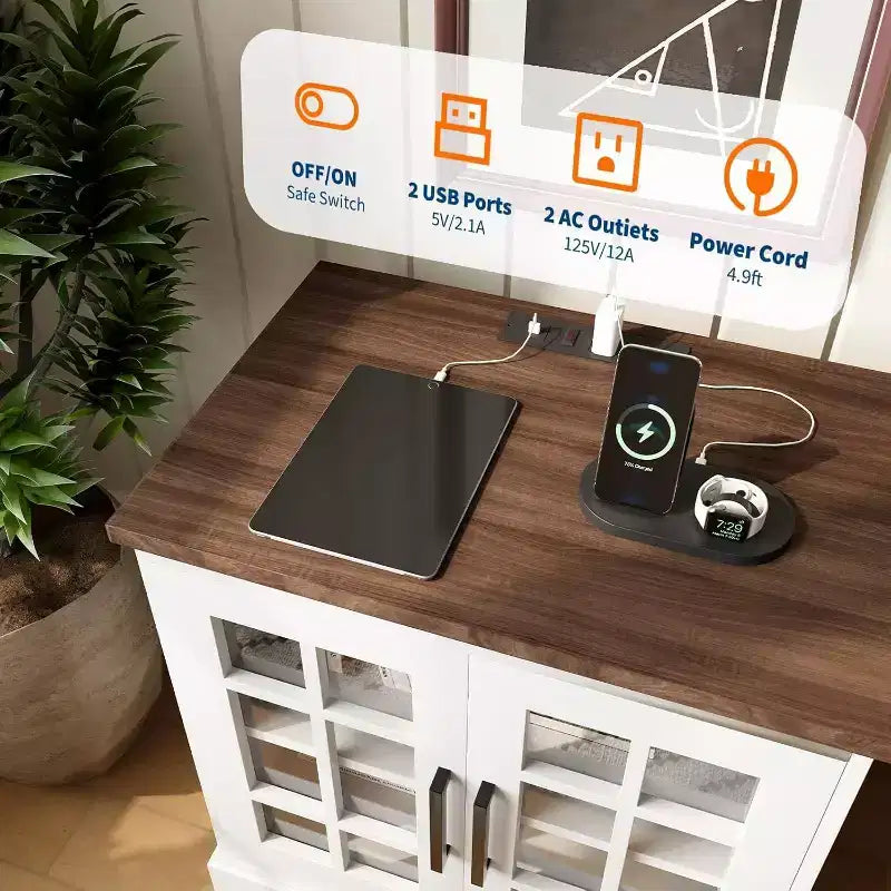 Landhaus-Nachttisch mit Ladestation, Türen aus gehärtetem Glas & USB-Anschlüssen – 24" Holztisch  