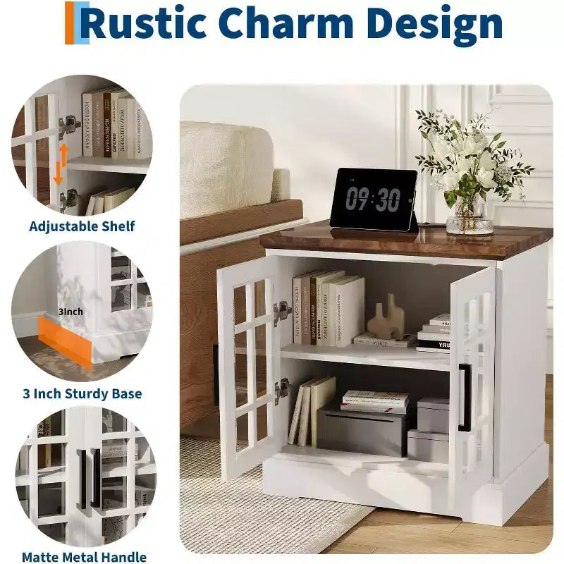 Landhaus-Nachttisch mit Ladestation, Türen aus gehärtetem Glas & USB-Anschlüssen – 24" Holztisch  