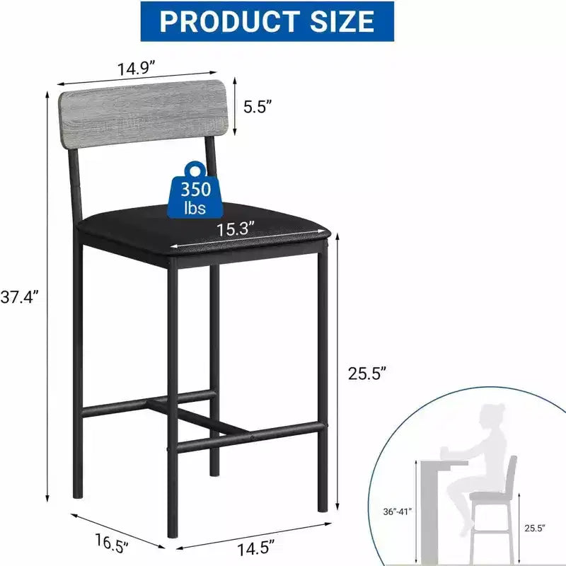 Bar Stools Set of 4, Upholstered Counter Height Stools with Backrest & Footrest, Kitchen Island & Bar