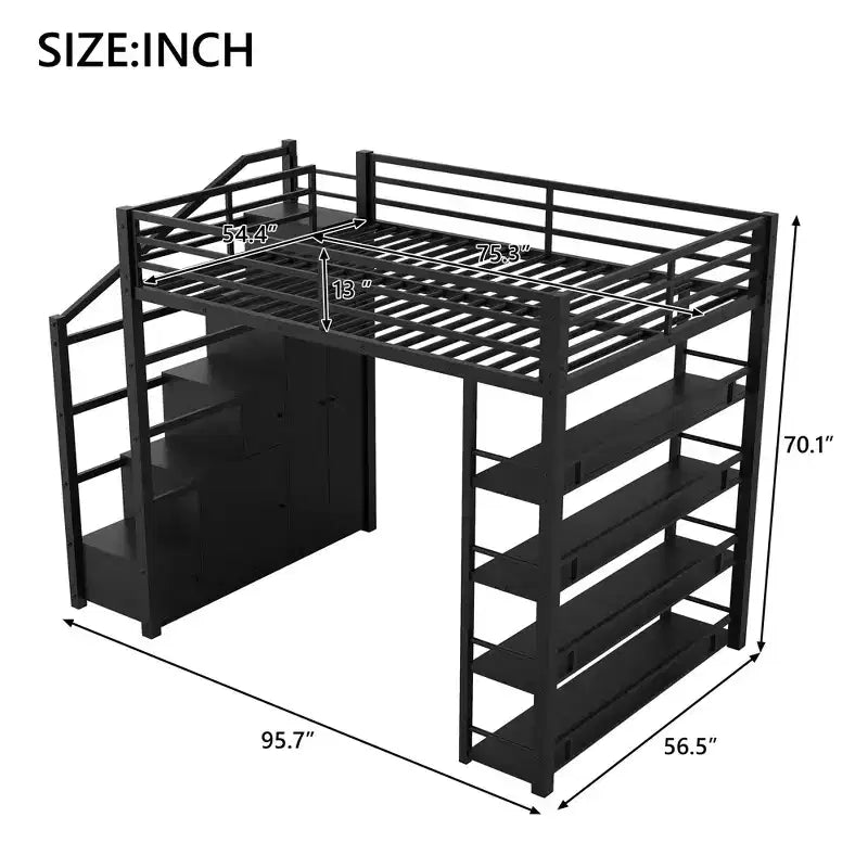 Metall-Etagenbett in voller Größe mit Aufbewahrungsregalen, Treppen-Schwerlast-Etagenbettgestell mit Schränken und Kleiderschrank, Schwarz  