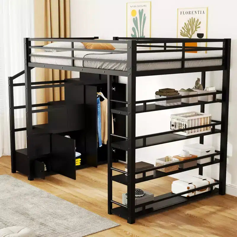 Full Size Metal Loft Bed with Storage Shelves, Stairway Heavy Duty Loft Bed Frame with Cabinets and Wardrobe, Black