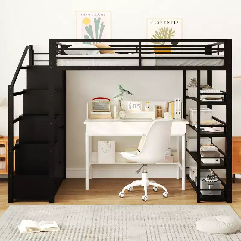 Full Size Metal Loft Bed with Storage Shelves, Stairway Heavy Duty Loft Bed Frame with Cabinets and Wardrobe, Black