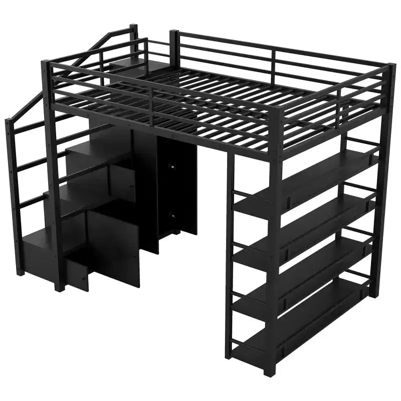 Metall-Etagenbett in voller Größe mit Aufbewahrungsregalen, Treppen-Schwerlast-Etagenbettgestell mit Schränken und Kleiderschrank, Schwarz  