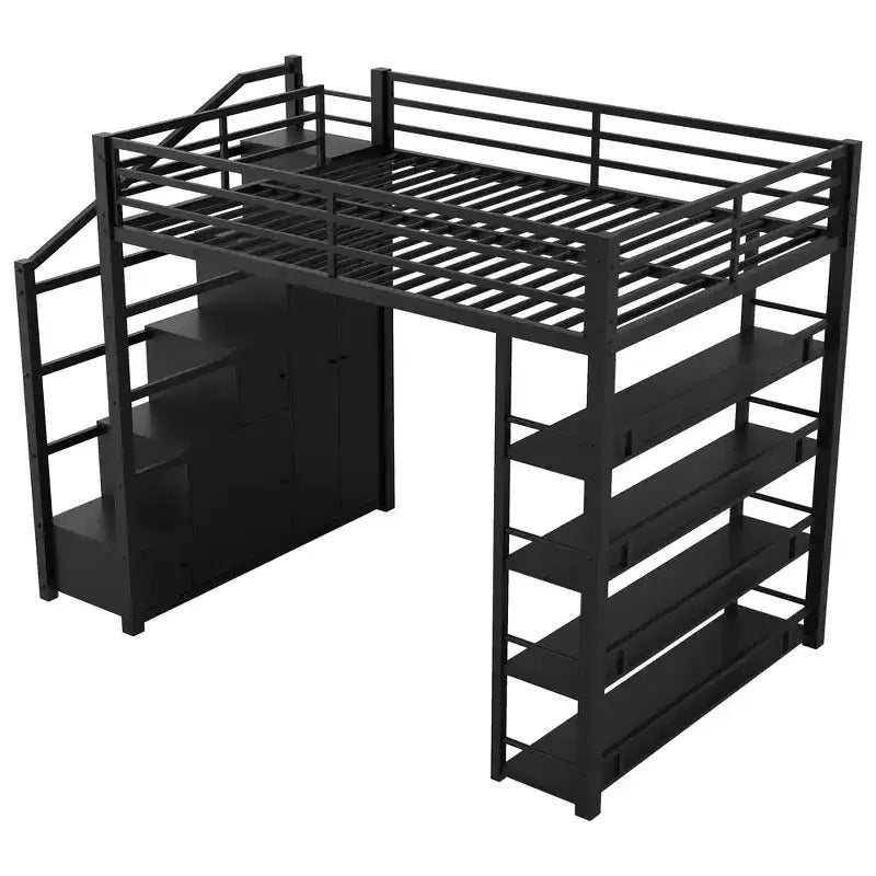 Metall-Etagenbett in voller Größe mit Aufbewahrungsregalen, Treppen-Schwerlast-Etagenbettgestell mit Schränken und Kleiderschrank, Schwarz  