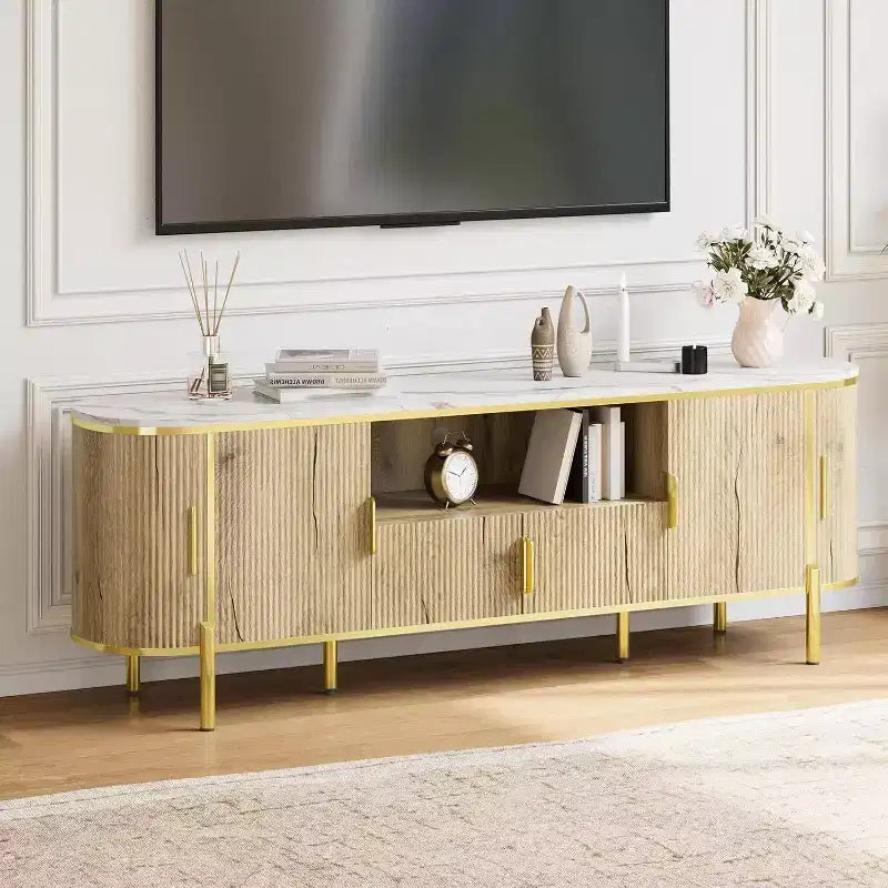 70 Zoll geriffelter TV-Ständer mit Kunstmarmorplatte & Schiebetüren – Medienkonsole für Fernseher bis zu 80", Marineblau  