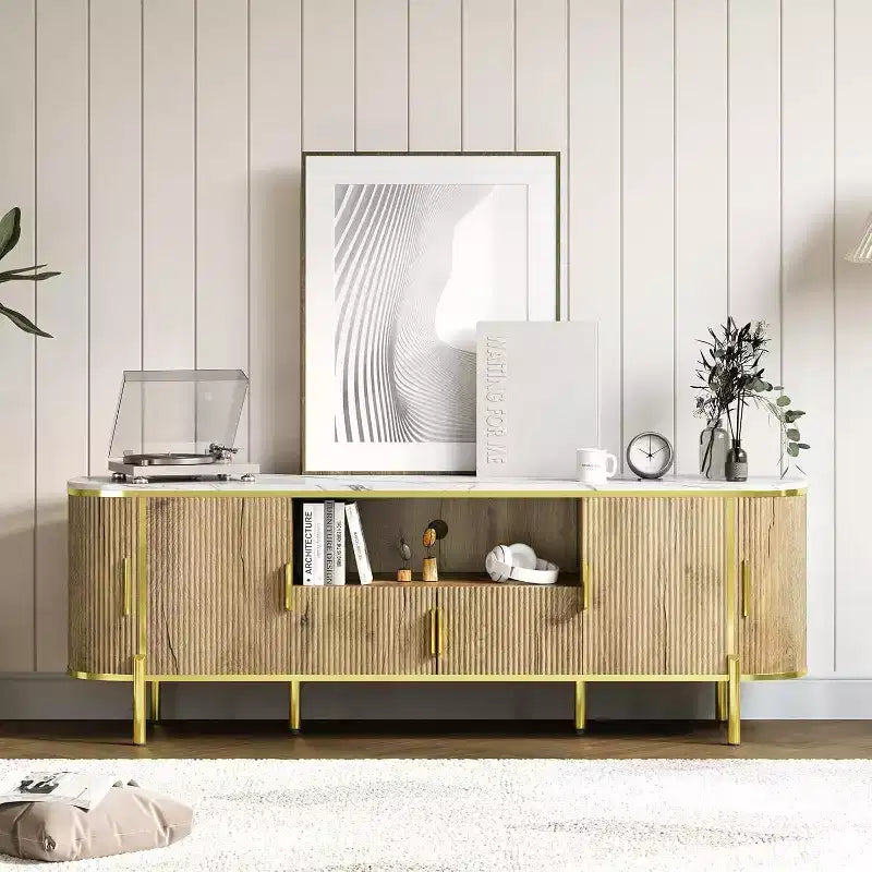 70 Zoll geriffelter TV-Ständer mit Kunstmarmorplatte & Schiebetüren – Medienkonsole für Fernseher bis zu 80", Marineblau  