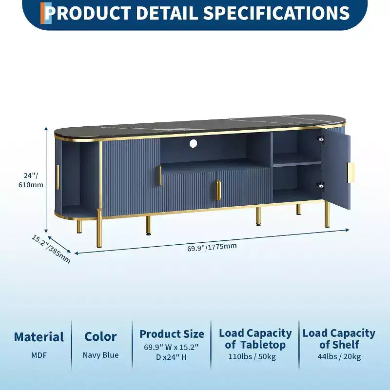 70" Fluted TV Stand with Faux Marble Top & Sliding Doors – Media Console for TVs up to 80", Navy Blue