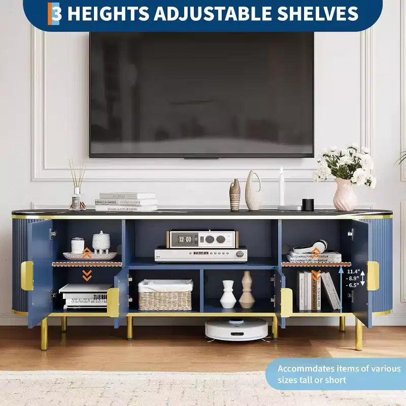 70" Fluted TV Stand with Faux Marble Top & Sliding Doors – Media Console for TVs up to 80", Navy Blue