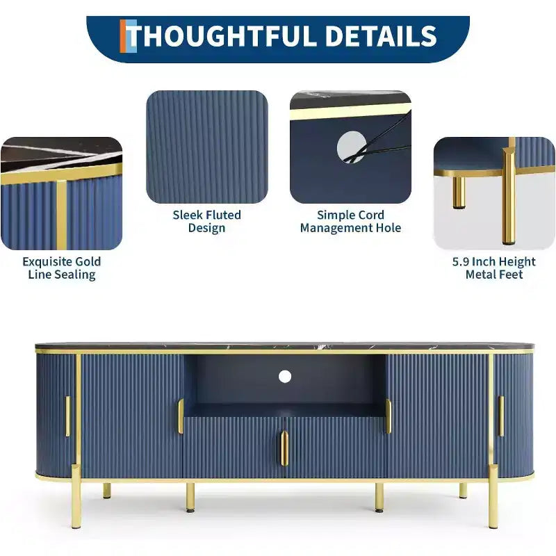70" Fluted TV Stand with Faux Marble Top & Sliding Doors – Media Console for TVs up to 80", Navy Blue