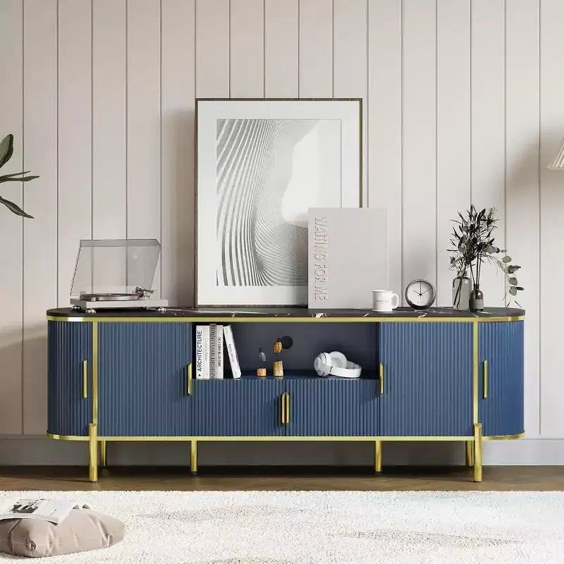 70" Fluted TV Stand with Faux Marble Top & Sliding Doors – Media Console for TVs up to 80", Navy Blue