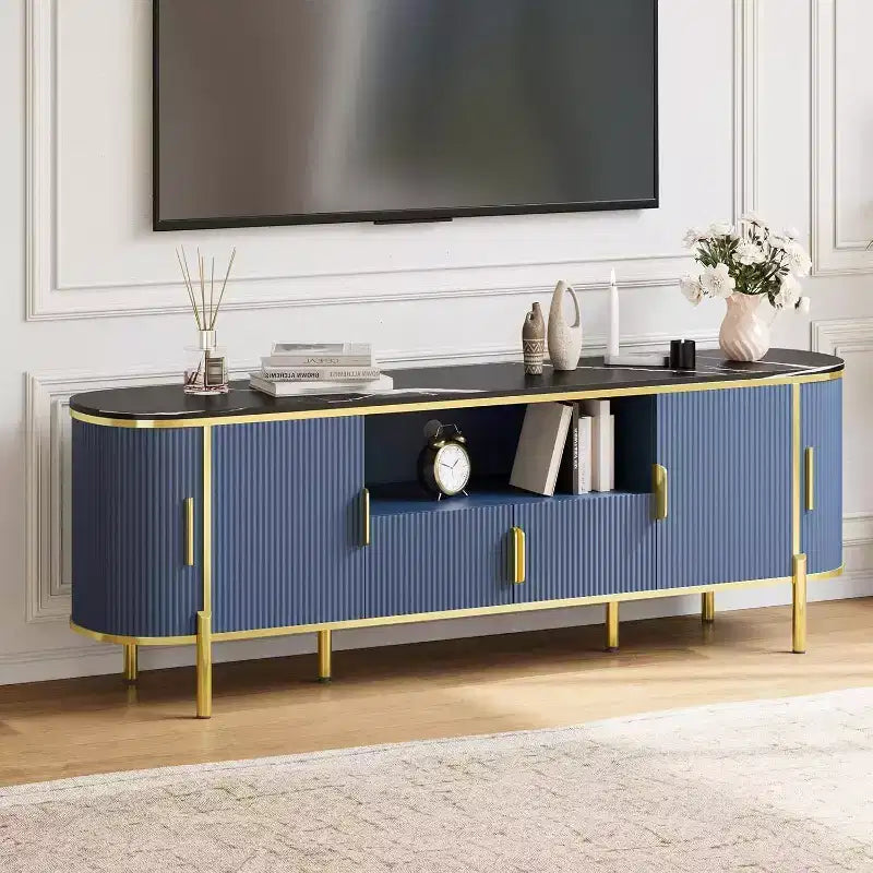 70 Zoll geriffelter TV-Ständer mit Kunstmarmorplatte & Schiebetüren – Medienkonsole für Fernseher bis zu 80", Marineblau  