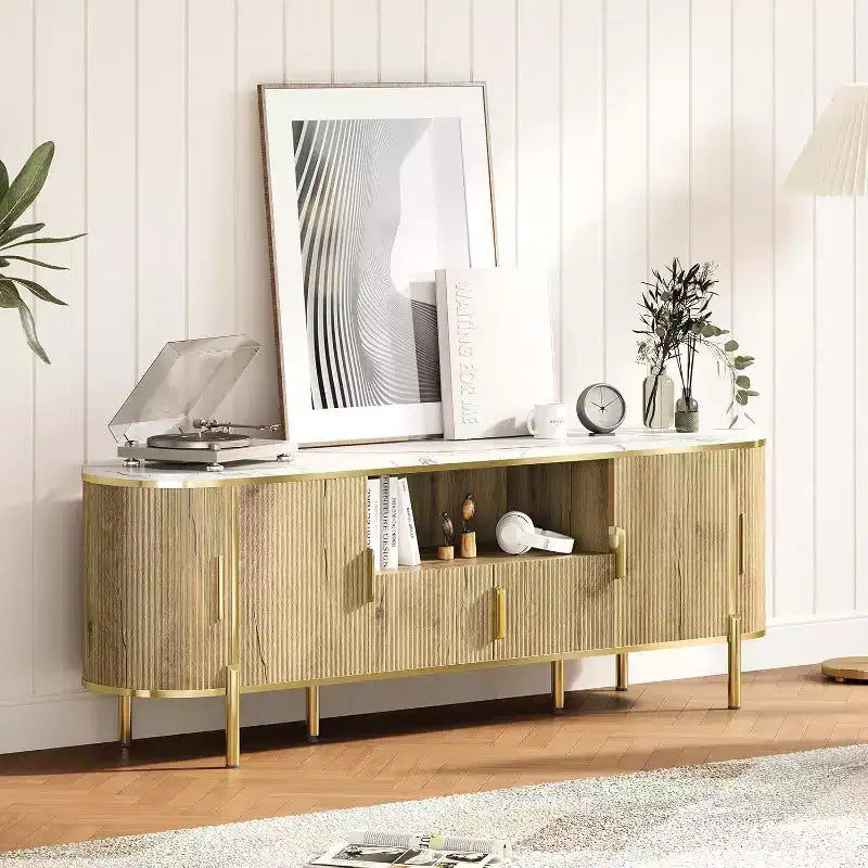 70" Fluted TV Stand with Faux Marble Top & Sliding Doors – Media Console for TVs up to 80", Navy Blue