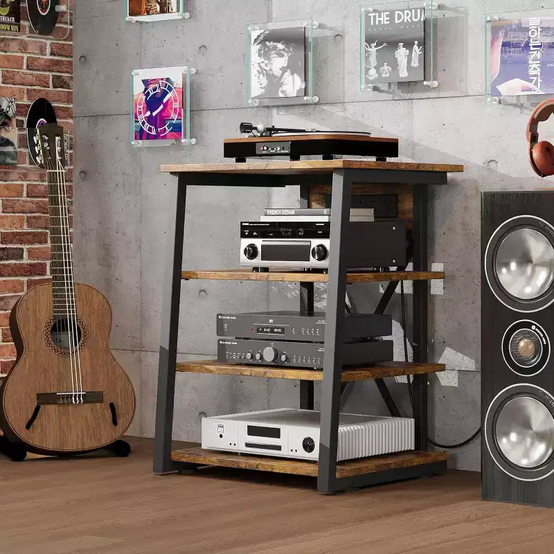 4-Tier AV Media Stand with Power Outlet & Adjustable Shelves – Corner Console for TV & Game Console