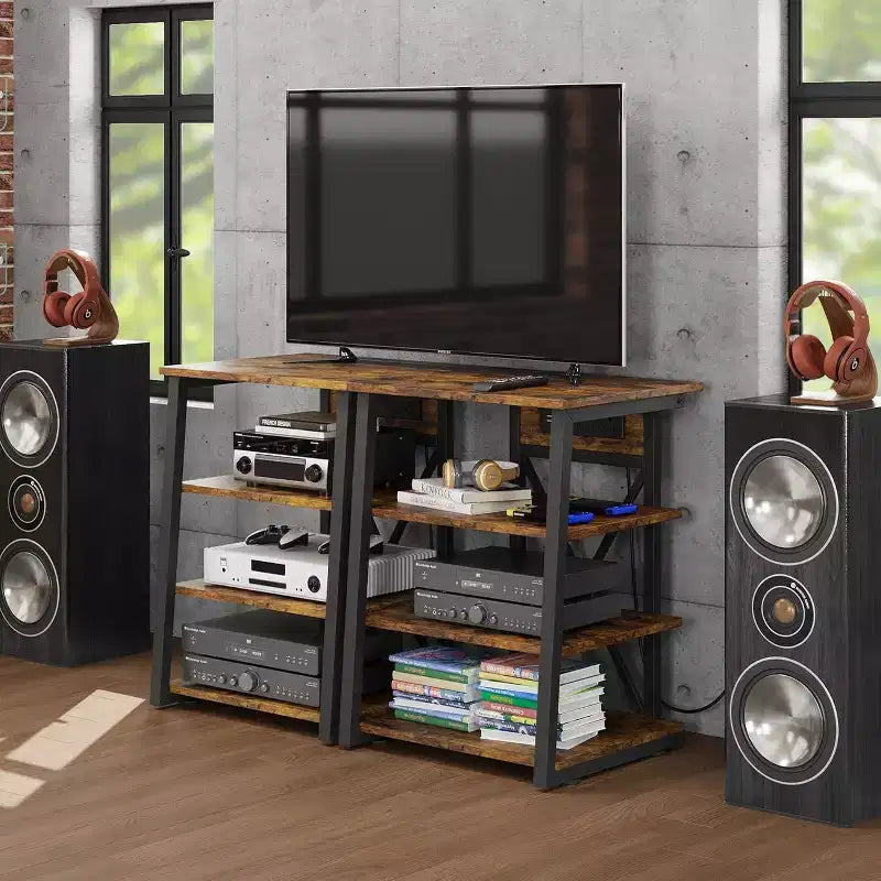 4-Tier AV Media Stand with Power Outlet & Adjustable Shelves – Corner Console for TV & Game Console