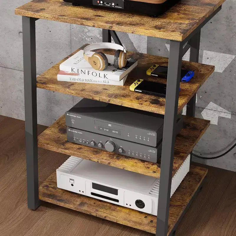 4-Tier AV Media Stand with Power Outlet & Adjustable Shelves – Corner Console for TV & Game Console