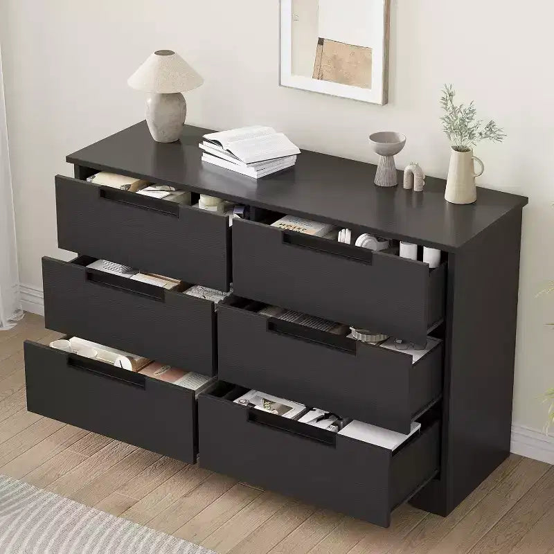 Dresser with 6 Drawer for Bedroom, Storage cabinet Drawers with Handles, Wooden Dresser Organizer for Living Room, Nursery, Hallway,Black