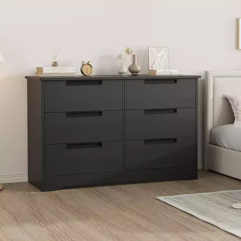 Kommode mit 6 Schubladen fürs Schlafzimmer, Aufbewahrungsschrank mit Griffen, Holzkommoden-Organizer für Wohnzimmer, Kinderzimmer, Flur, Schwarz  