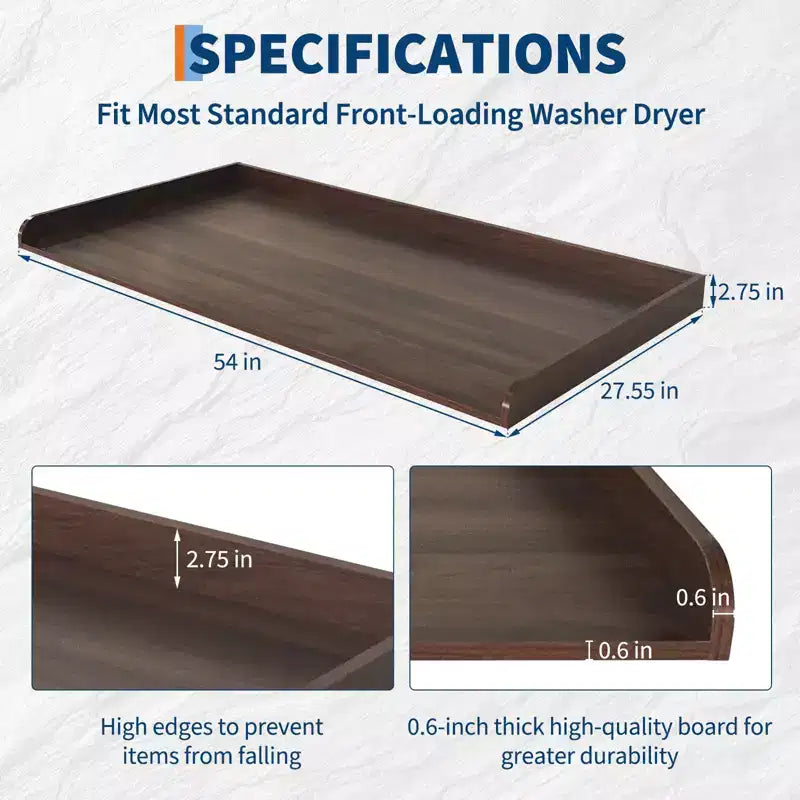 54" Walnut Laundry Countertop – Waterproof Washer/Dryer Cover with Edge Rails & Anti-Slip Pads