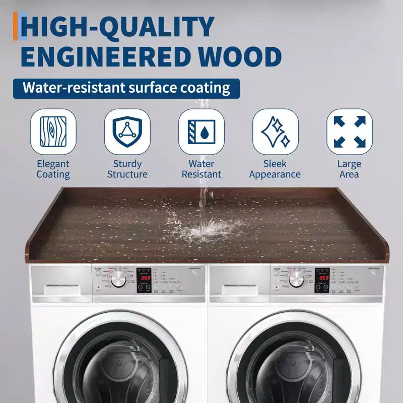 54" Walnut Laundry Countertop – Waterproof Washer/Dryer Cover with Edge Rails & Anti-Slip Pads