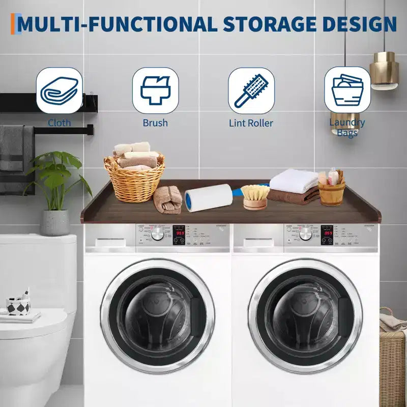 54" Walnut Laundry Countertop – Waterproof Washer/Dryer Cover with Edge Rails & Anti-Slip Pads