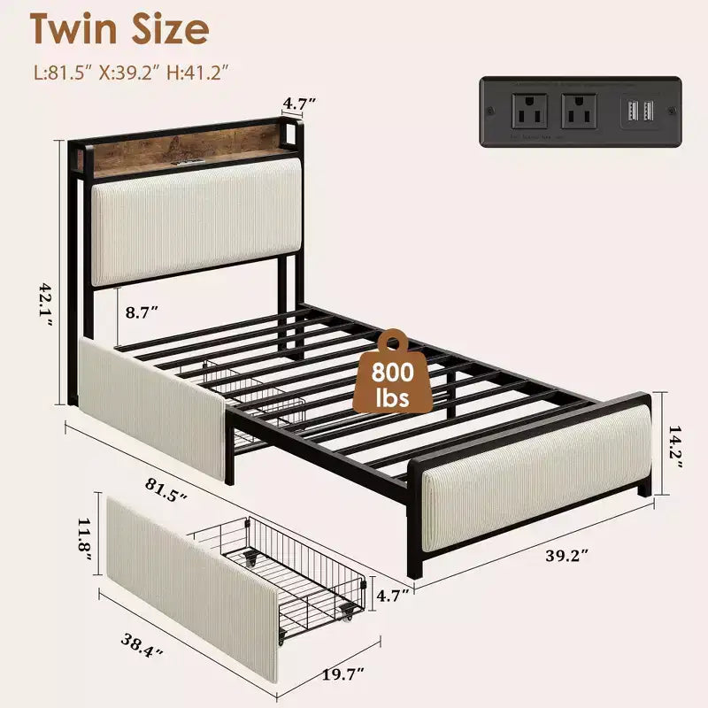 Velvet Twin Size Bed Frame with 2 Storage Drawers, Shelf and Charging Station, Rustic Upholstered Platform Bedframe, No Box Spring Needed, Noise Free