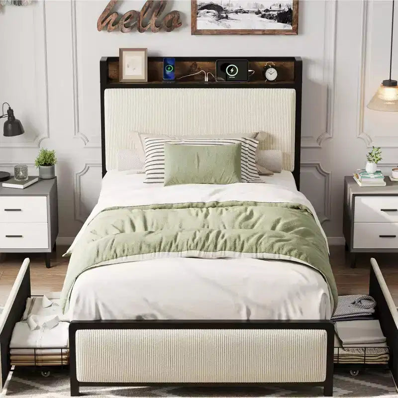 Velvet Twin Size Bed Frame with 2 Storage Drawers, Shelf and Charging Station, Rustic Upholstered Platform Bedframe, No Box Spring Needed, Noise Free