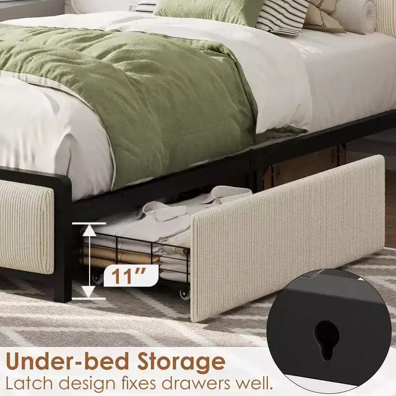 Velvet Twin Size Bed Frame with 2 Storage Drawers, Shelf and Charging Station, Rustic Upholstered Platform Bedframe, No Box Spring Needed, Noise Free