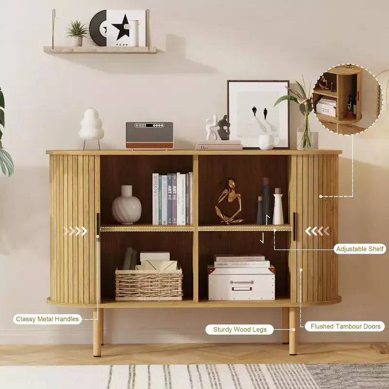 47-Inch Fluted Storage Cabinet with Sliding Doors and Adjustable Shelves – Modern Accent Console for Living Room and Entryway