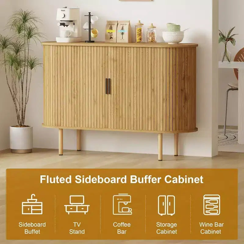 47-Inch Fluted Storage Cabinet with Sliding Doors and Adjustable Shelves – Modern Accent Console for Living Room and Entryway