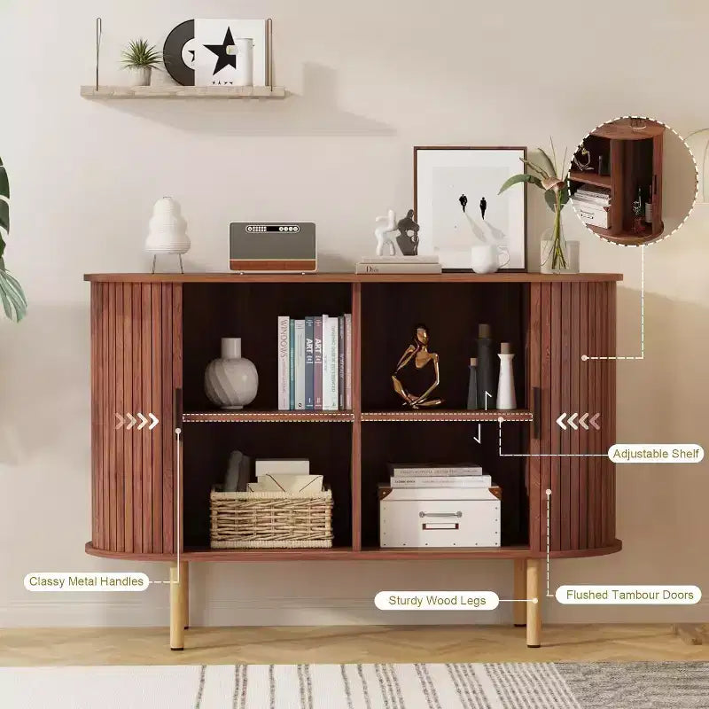 47-Inch Fluted Storage Cabinet with Sliding Doors and Adjustable Shelves – Modern Accent Console for Living Room and Entryway