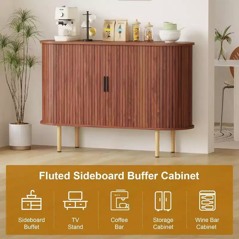 47-Inch Fluted Storage Cabinet with Sliding Doors and Adjustable Shelves – Modern Accent Console for Living Room and Entryway