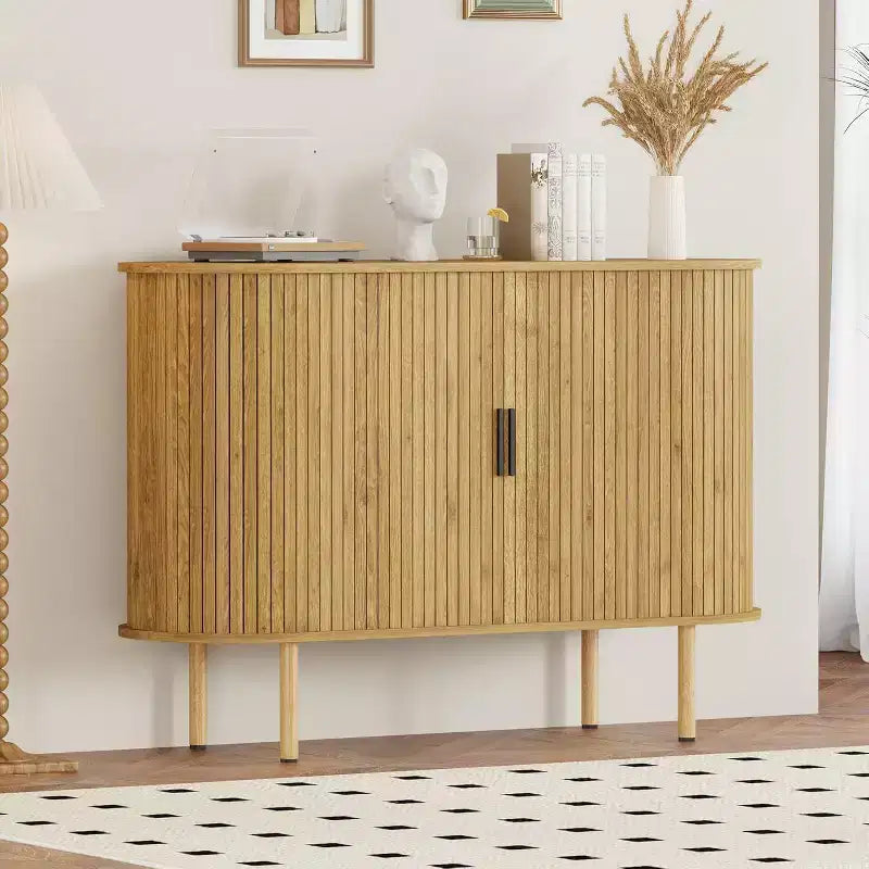 47-Inch Fluted Storage Cabinet with Sliding Doors and Adjustable Shelves – Modern Accent Console for Living Room and Entryway