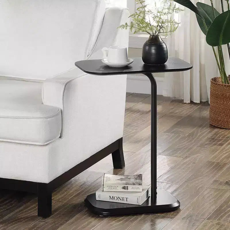 25.25-Inch Black Rectangle Wood C-Shaped End Table – Slide-Under Sofa Side Table and Tray Table
