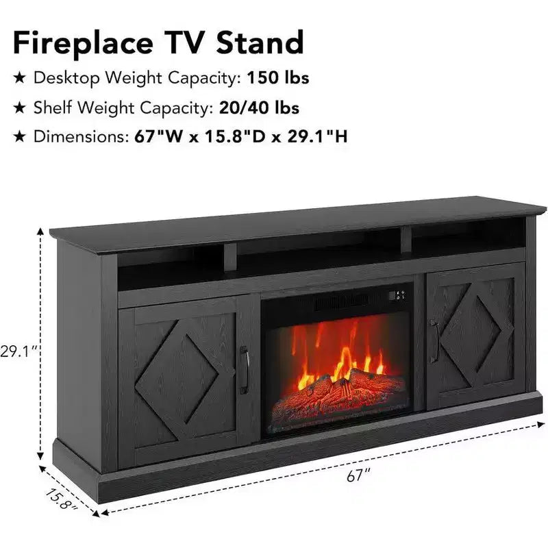 Farmhouse Electric Fireplace TV Stand for TVs up to 65 Inch – 23-Inch Remote Control Fireplace with Sliding Barn Doors and Storage