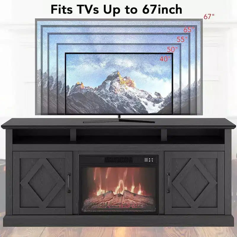 Bauernhaus Elektrischer Kamin TV-Ständer für Fernseher bis zu 65 Zoll – 23-Zoll Fernbedienungskamin mit Schiebetüren im Scheunenstil und Stauraum  